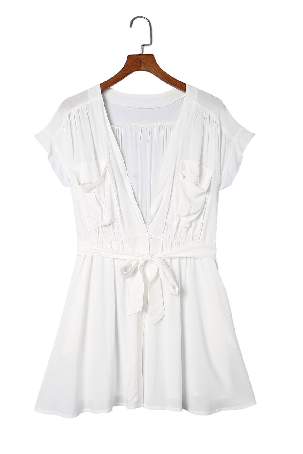 White Flap Chest Pockets Open Front Beach Cover-up with Belt