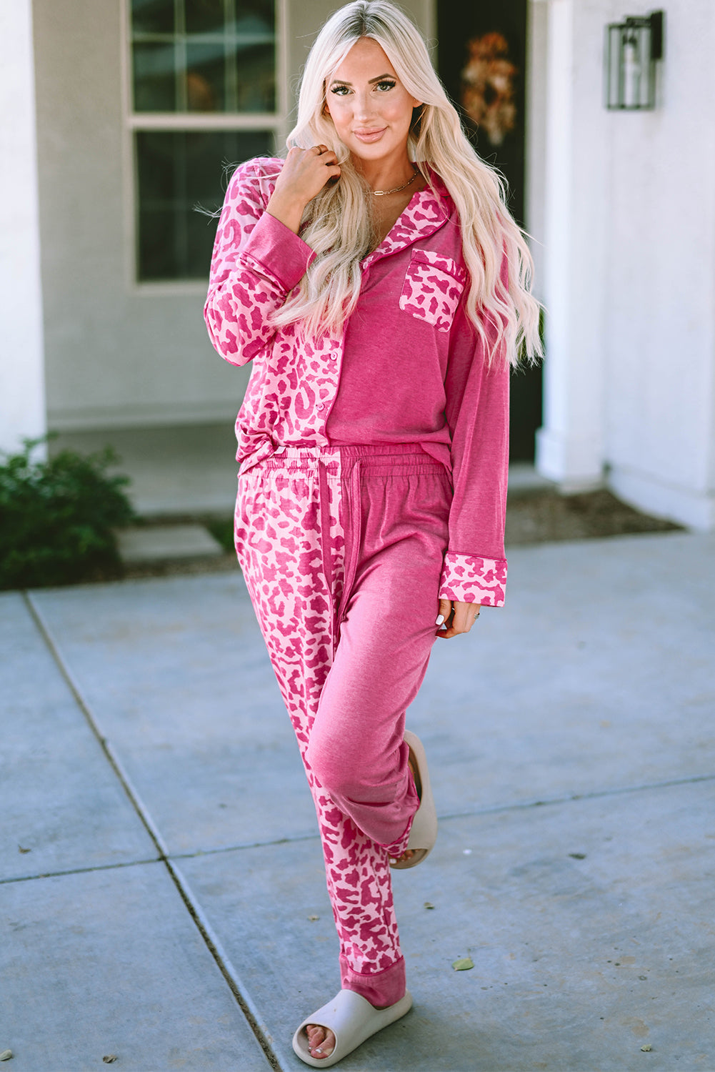 Rose Leopard Contrast Pocket Long Pajama Set