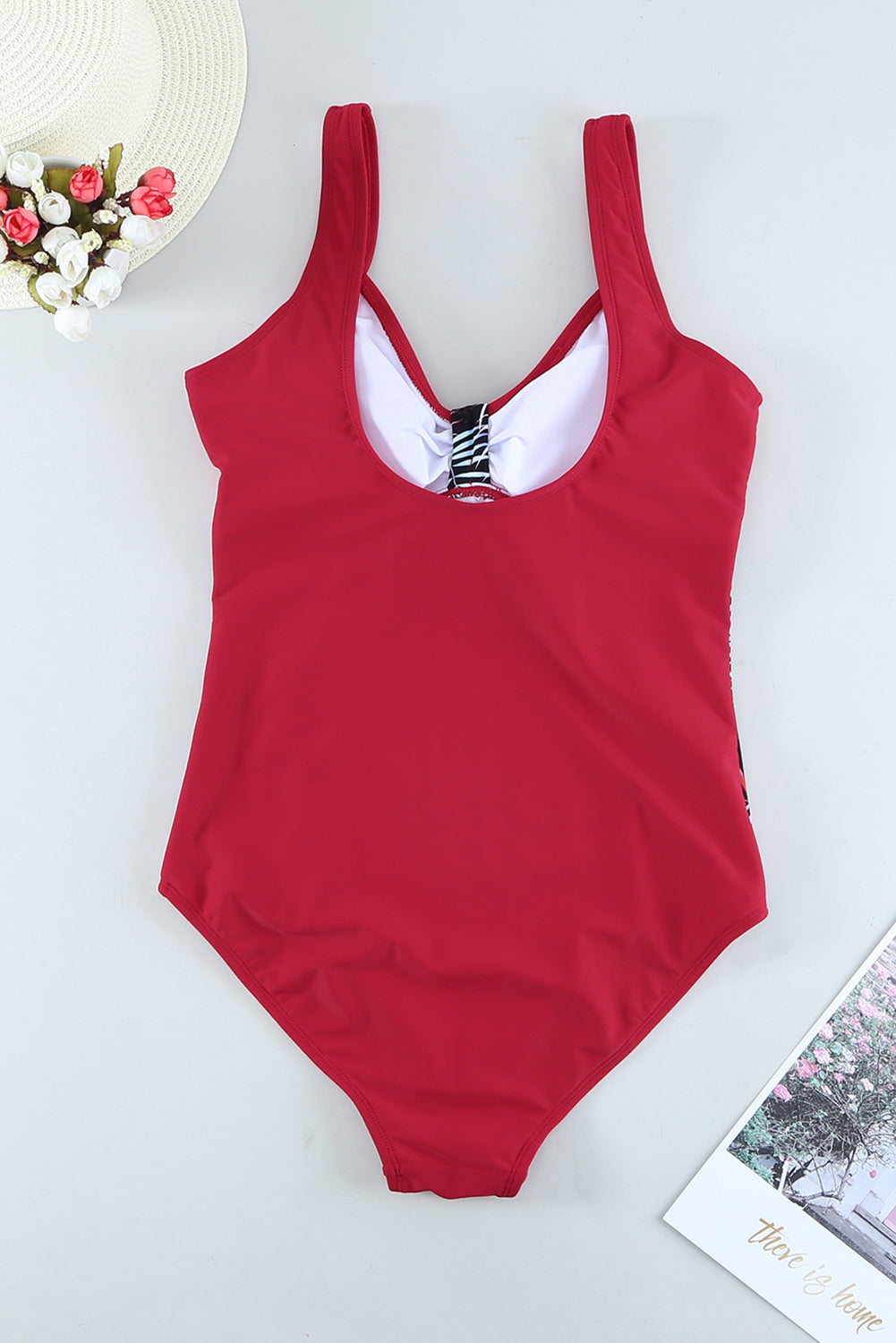 Leaves Splicing Ruched Front Open Back One-piece Swimsuit