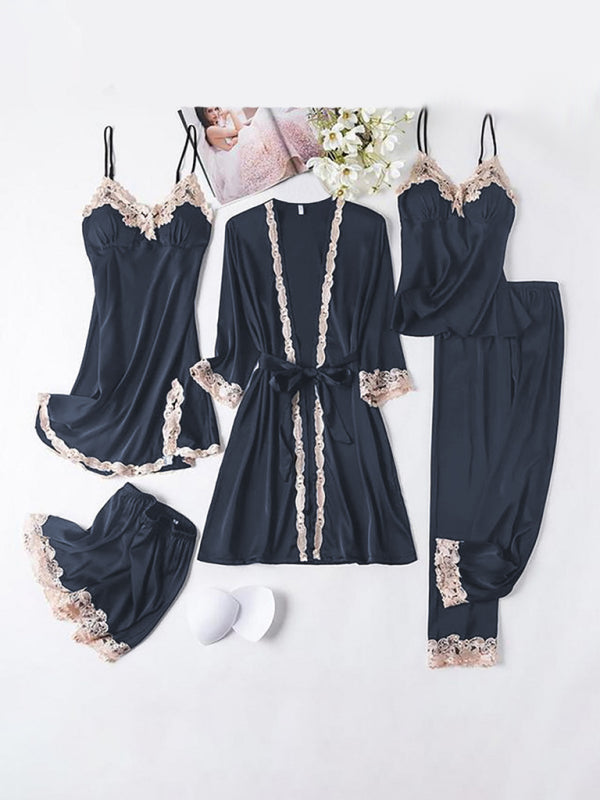 Women's Sexy Contrasting Color Lace Pajamas Five-Pieces Set