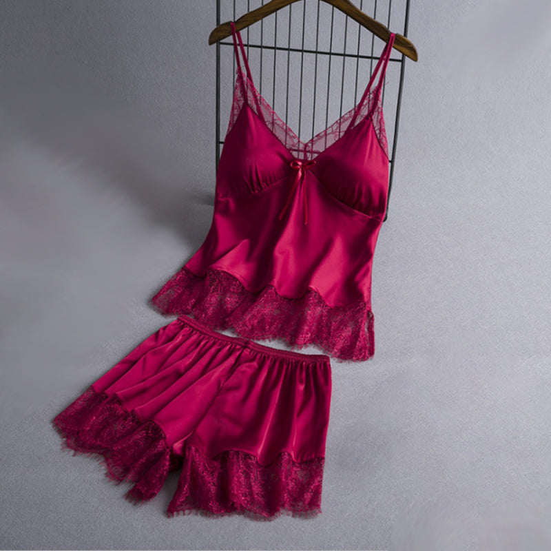 Women's solid color camisole lace pajama set