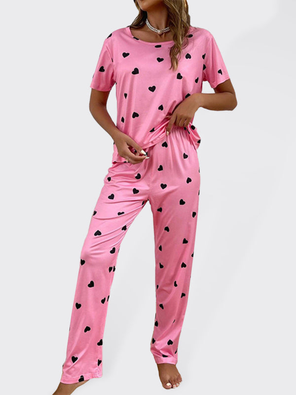 Women's heart print short-sleeved casual pajama sets