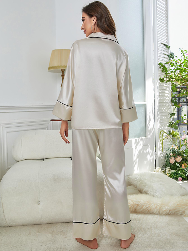 Women's color-blocking imitation silk long-sleeve pajama sets