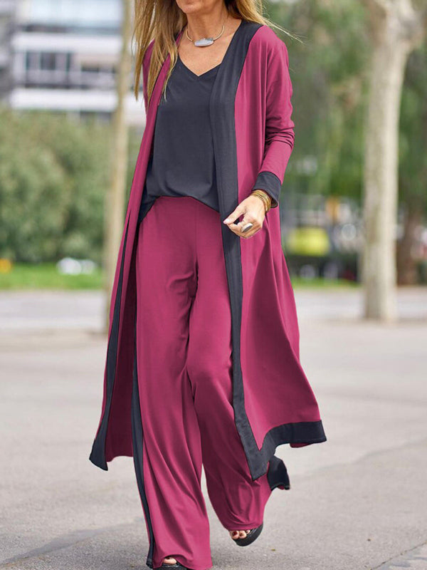 Women's Casual Contrasting Color Sleeveless Vest + Long Sleeve Cardigan Jacket + Trousers Three Sets