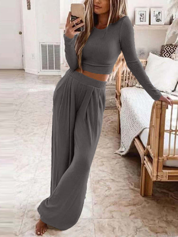 Women's Solid Color Knitted Casual Home Two-Piece Suit