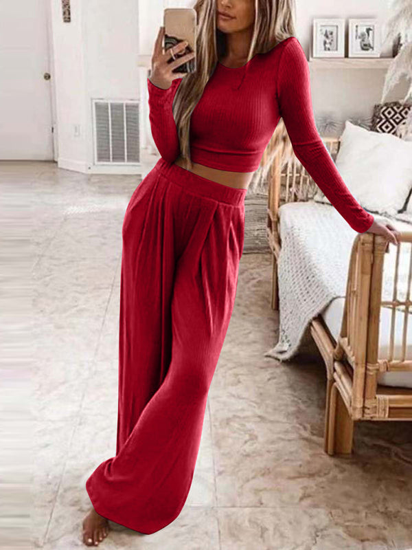 Women's Solid Color Knitted Casual Home Two-Piece Suit