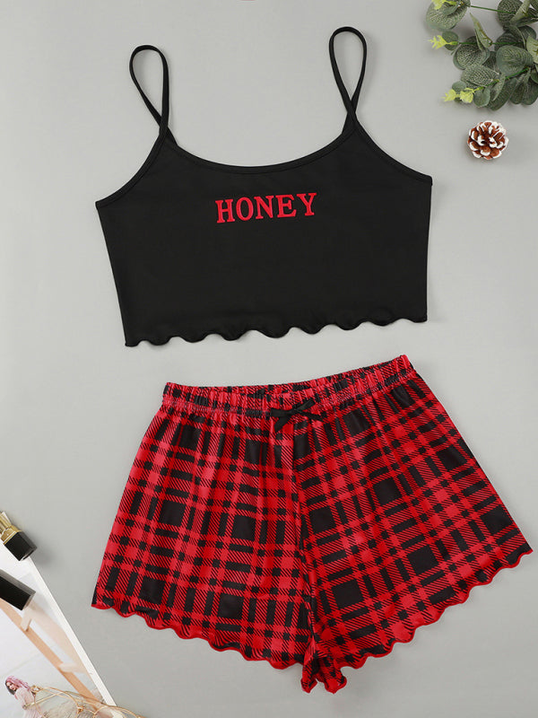 Women's Letter HONEY Printed Camisole + Plaid Printed Shorts Homewear Set