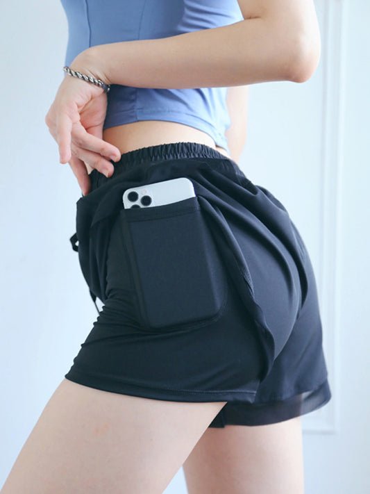 New Fake Two Piece Gym Shorts Women High Waist Elastic Tight Sports Yoga Pants