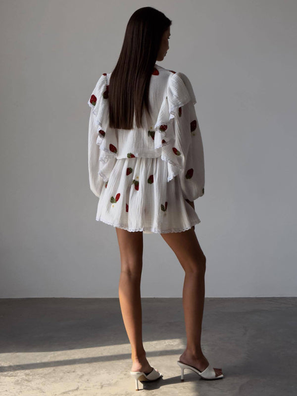 New women's ruffled strawberry print skirt suit home wear