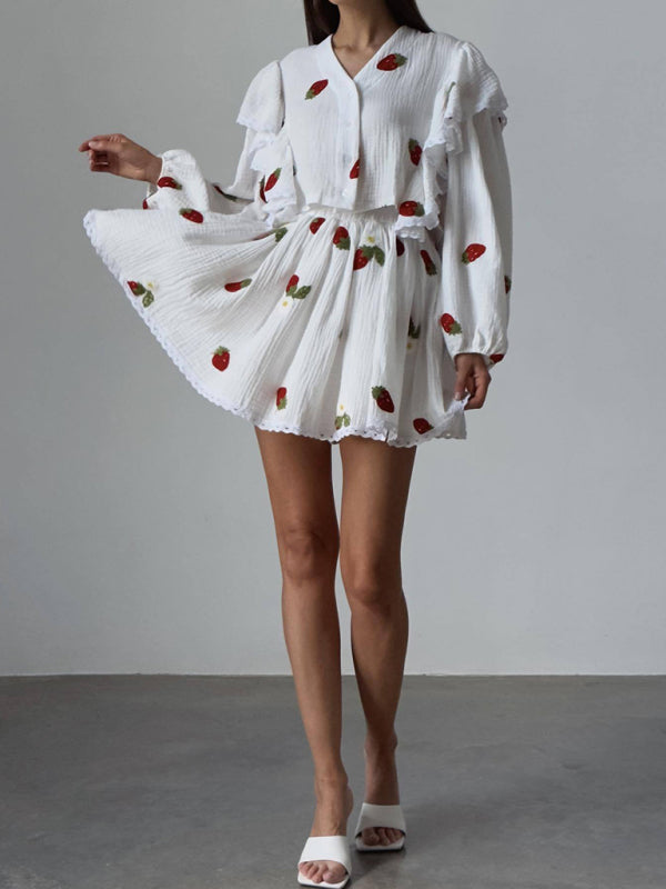 New women's ruffled strawberry print skirt suit home wear