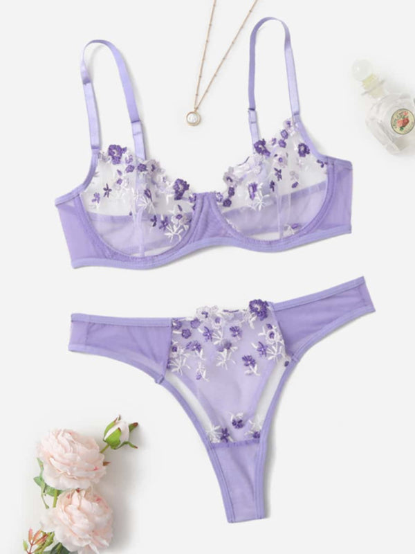 New women's sexy see-through floral lingerie set