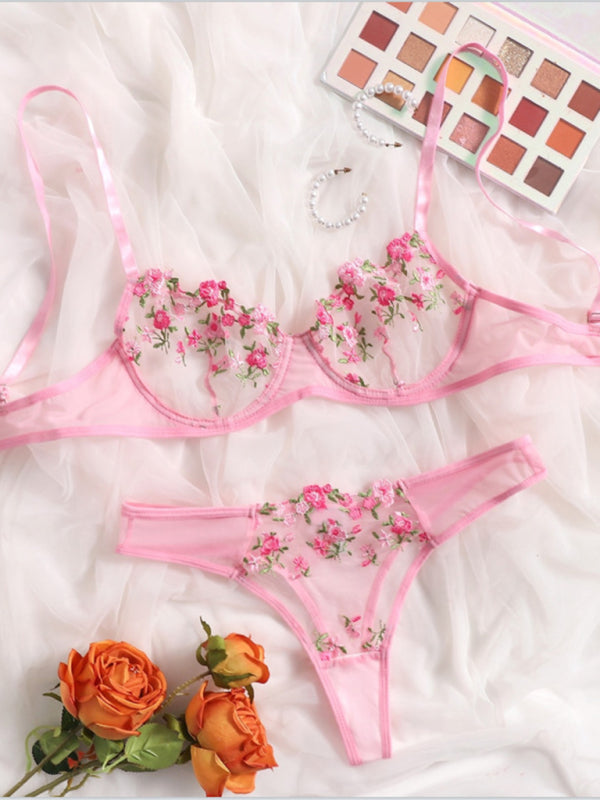 New women's sexy see-through floral lingerie set