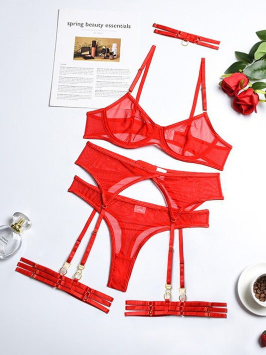 New Fashion Sexy Underwear Mesh Comfortable Slimming Gathering Steel Ring Four-piece Set