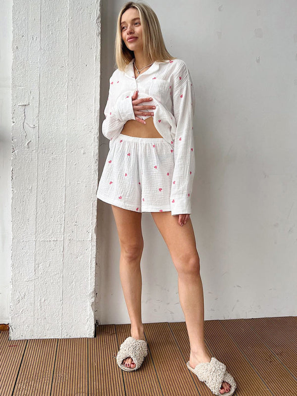 New floral long-sleeved tops and shorts two-piece casual suit