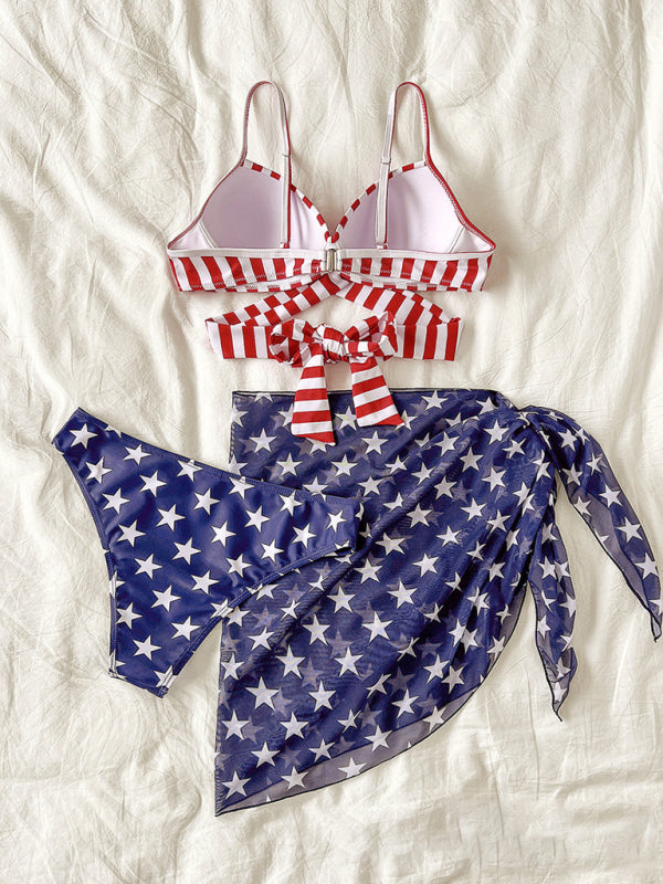 New women's bikini flag print stars and stripes three-piece swimsuit