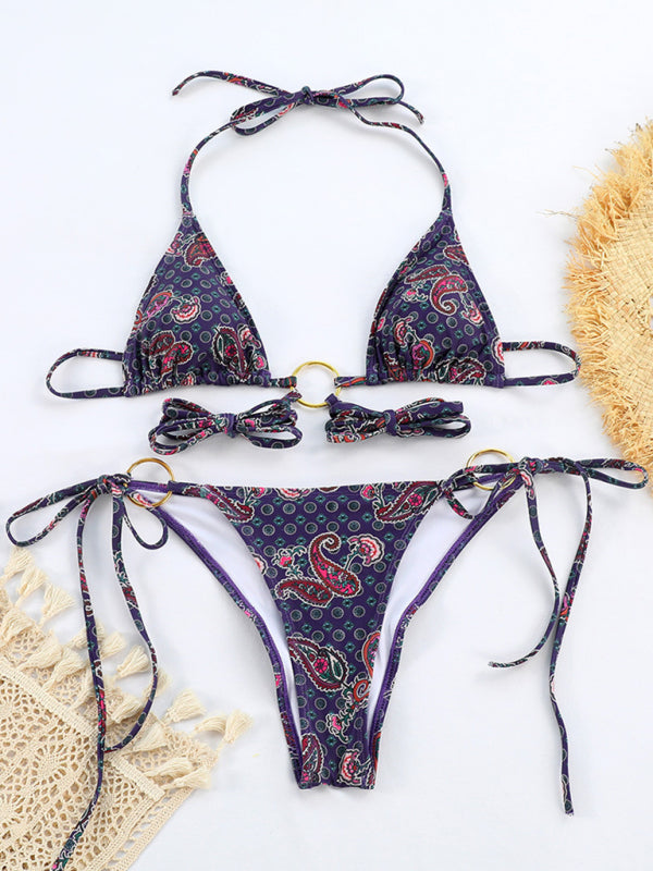 New bikini sexy metal three-ring printed strappy split swimsuit